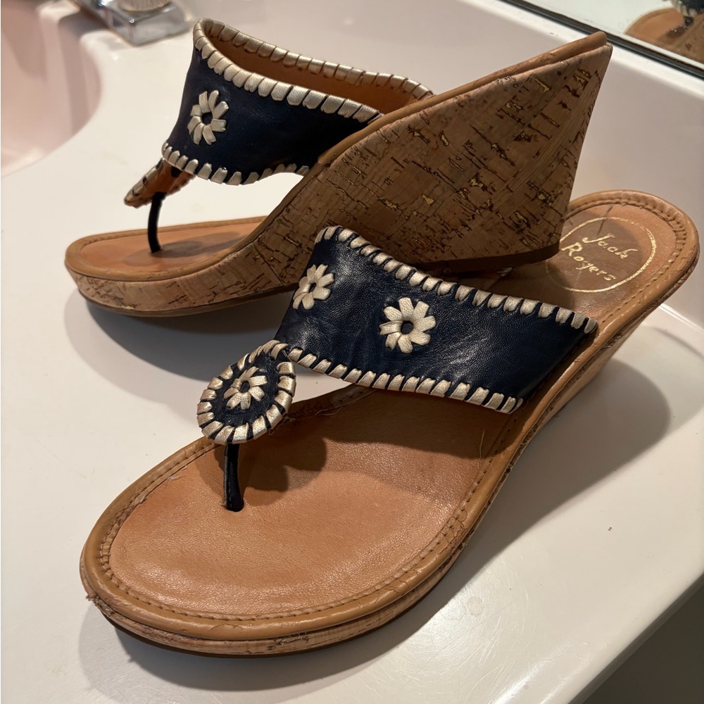 Jack Rogers Navy and Tan Wedge Sandals